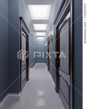 Classic style corridor with blue walls, brown Classic style corridor with blue walls, brown 53205453