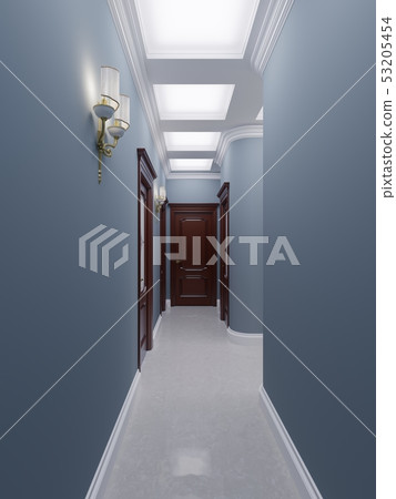 Classic style corridor with blue walls, brown 53205454