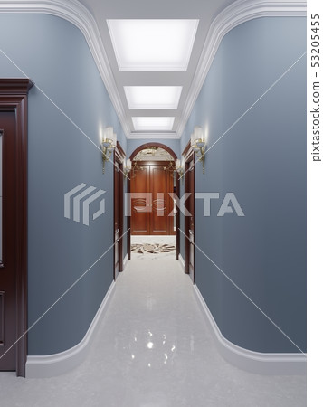 Classic style corridor with blue walls, brown Classic style corridor with blue walls, brown 53205455
