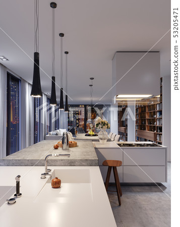 White luxury kitchen in contemporary house White luxury kitchen in contemporary house 53205471