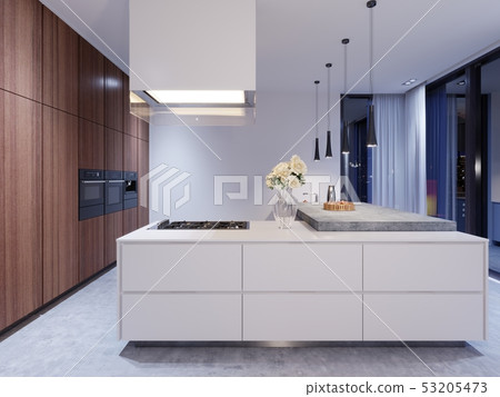 Scandinavian white kitchen in evening light with 53205473