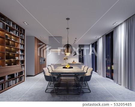 Large dining room with kitchen, large dining table 53205485