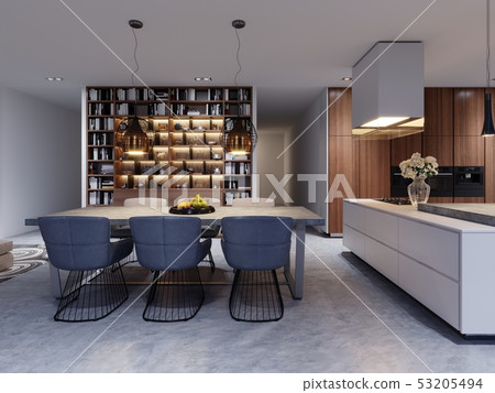Large dining room with kitchen, large dining table Large dining room with kitchen, large dining table 53205494