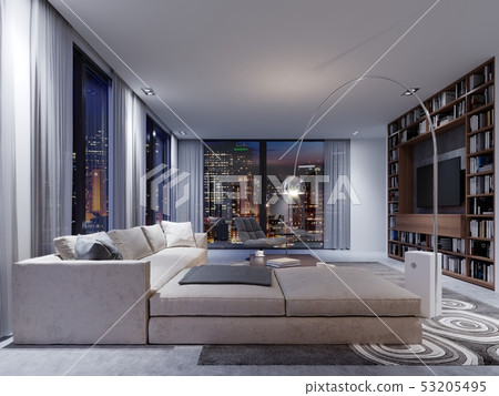 Contemporary apartments with a large white sofa 53205495
