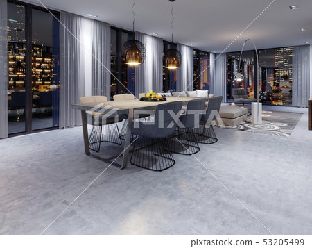 Loft-style dining room with large table and solid 53205499