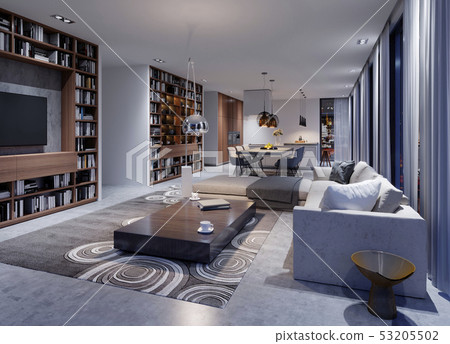 Cozy modern living room in the evening with a Cozy modern living room in the evening with a 53205502