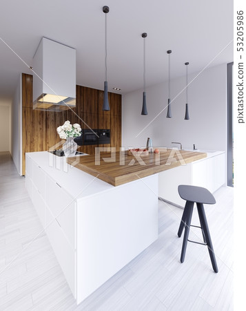 Minimalistic modern kitchen in white with elements 53205986