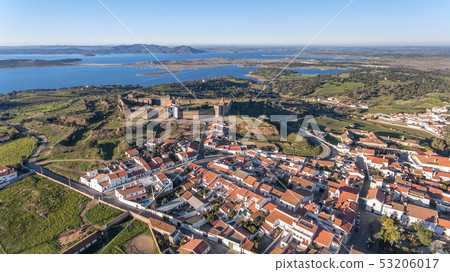 Aerial. View from above village and castle Mourao, district Evora. Portugal. 53206017