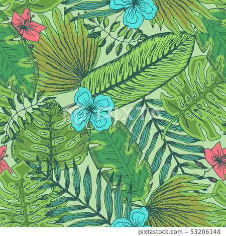 Bright fresh green pattern with tropical leaves 53206148