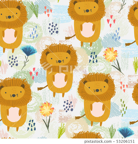 Cartoon pattern with cute lions, dots and flowers 53206151