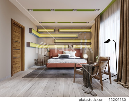 Modern Multi Colored Bedroom With Shelves On The Stock