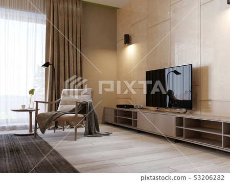 Modern TV stand with shelves and a TV over on the 53206282