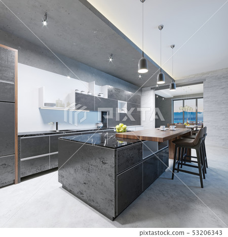 Modern Kitchen Long Island With A Wooden Stock Ilration 53206343 Pixta Modern Kitchen Long Island With, Long Kitchen Island