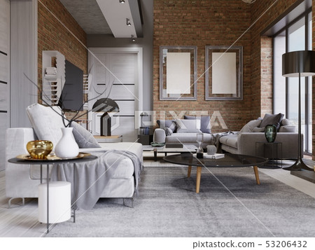 Studio flat with brick wall and fireplace and 53206432