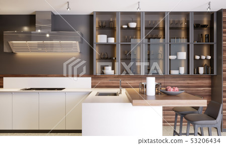 Modern dark wooden contemporary kitchen interior 53206434