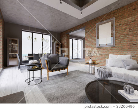 Modern living room with dining area and dining Modern living room with dining area and dining 53206496