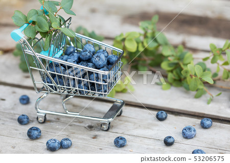 Fresh raw blueberries with leaves on wooden Fresh raw blueberries with leaves on wooden 53206575