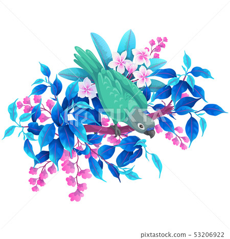 Green Parrot Sitting on Tropical Plants 53206922