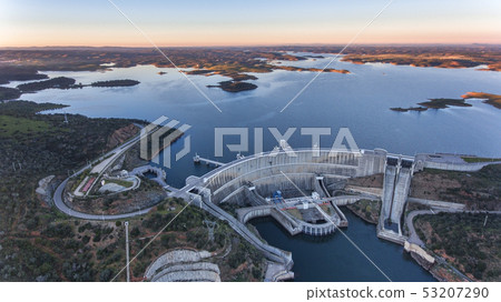 Aerial. View from the sky of the dam on the river Guadiana. 53207290