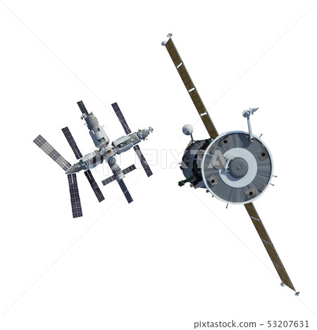 The Spacecraft Flies To Space Station Isolated On White Background The Spacecraft Flies To Space Station Isolated On White Background 53207631