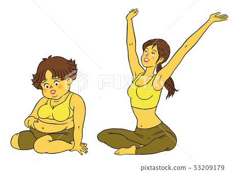 Instructor women and chubby women set to do yoga stretching 53209179