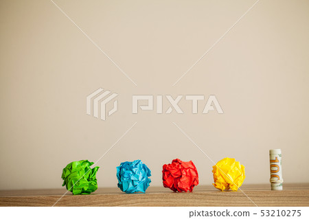 Creative idea concept.Inspiration, New idea and Innovation concept with Crumpled Paper on wood 53210275