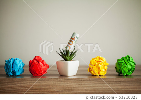 Creative idea concept.Inspiration, New idea and Innovation concept with Crumpled Paper on wood Creative idea concept.Inspiration, New idea and Innovation concept with Crumpled Paper on wood 53210325