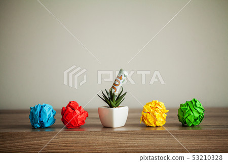 Creative idea concept.Inspiration, New idea and Innovation concept with Crumpled Paper on wood Creative idea concept.Inspiration, New idea and Innovation concept with Crumpled Paper on wood 53210328