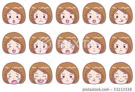 Girl Facial Expression Set Illustration - Stock Illustration [53213338 