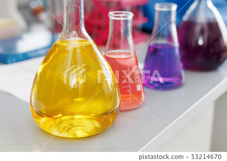 Chemical laboratory flask with blue purple-pink Chemical laboratory flask with blue purple-pink 53214670