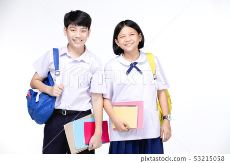 Two asian smiling school kids with colorful Two asian smiling school kids with colorful 53215058