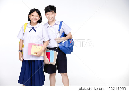 Two asian smiling school kids with colorful Two asian smiling school kids with colorful 53215063