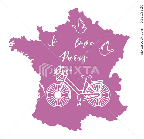 Map of France, bicycle, pigeons 53215220