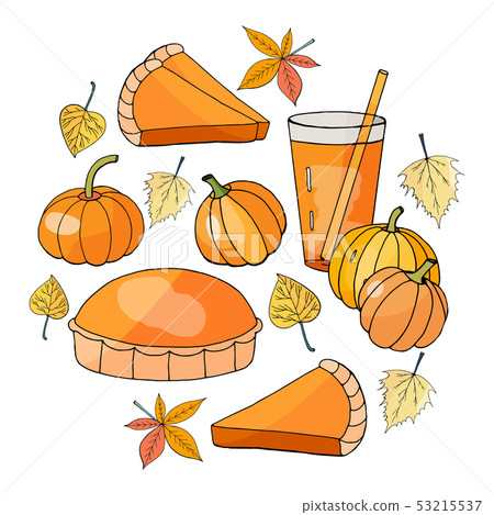 Set of pumpkin elements: pumpkin, juice, pie, Set of pumpkin elements: pumpkin, juice, pie, 53215537