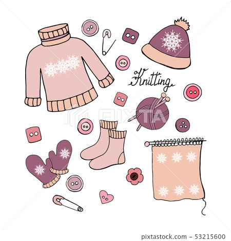 Set of hand drawn elements for knitting on white Set of hand drawn elements for knitting on white 53215600