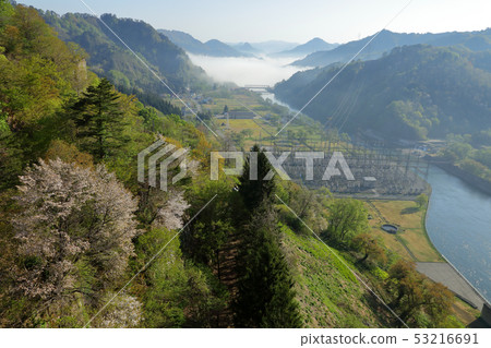 A large view of the Tagokura Dam in the morning of spring Shiomi Town, Fukushima Prefecture A large view of the Tagokura Dam in the morning of spring Shiomi Town, Fukushima Prefecture 53216691