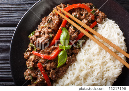 Thai Basil Beef, or Pad Gra Prow with rice side Thai Basil Beef, or Pad Gra Prow with rice side 53217196