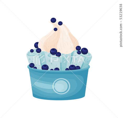 Blue rolls of ice cream in a cardboard bowl. Vector illustration on white background. 53219638