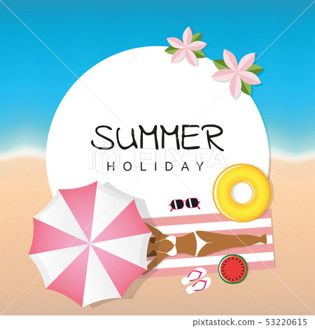 summer holiday on the beach girl is lying under an pink umbrella with beach utensils summer holiday on the beach girl is lying under an pink umbrella with beach utensils 53220615