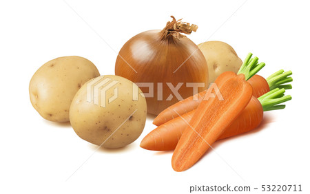 Carrots, onion, potatoes isolated on white Carrots, onion, potatoes isolated on white 53220711