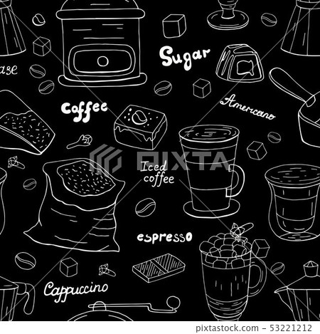 Hand drawn different coffee pattern, white line on 53221212