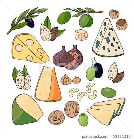 hand drawn different kinds of cheese, nuts, olives 53221213