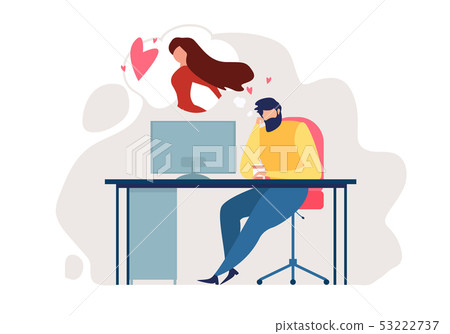 Cartoon Man Sit Chair Office Table Romantic Mood 53222737