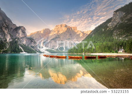 Lago di Braies in National Park Dolomites, Italy 53223155