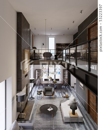 Two-level loft-style interior with a living room Two-level loft-style interior with a living room 53223397