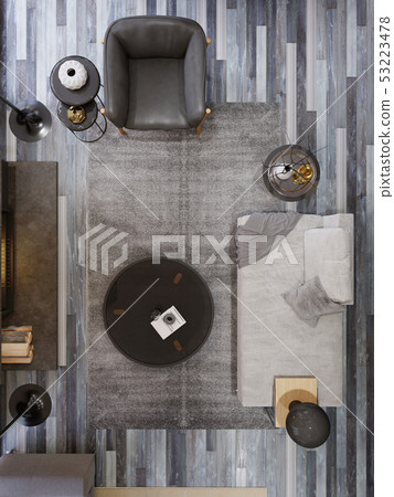 Modern living room top view, sofa black leather 53223478