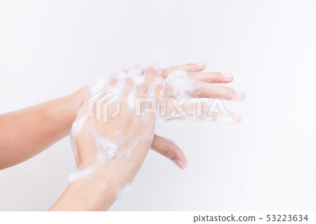 Asian woman hand are washing with soap bubbles 53223634