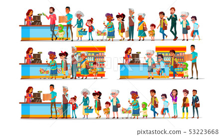 People Waiting In Long Queue To Cashier Set Vector 53223668