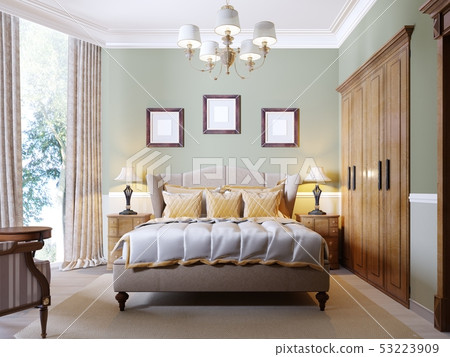Classic modern bedroom with olive walls, large 53223909