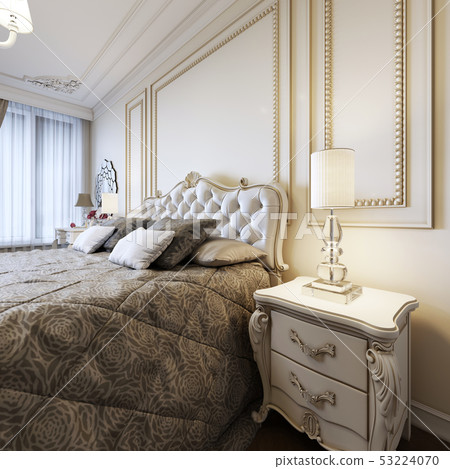 Classic bed with bedside tables and night lamps in 53224070